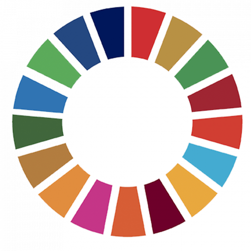 Et sirkulært arrangement med 17 trapesformede segmenter, hver i forskjellige farger, representerer FNs bærekraftsmål (SDG). Ringen inkluderer nyanser av blått, rødt, oransje, grønt og lilla. Denne sammenhengende designen er parallell med den integrative tilnærmingen som trengs i IT-sikkerhet og teknologisk rådgivning.