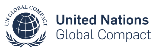 Logoen til FNs Global Compact med en stilisert, mørkeblå globus omgitt av laurbærgrener til venstre med "UN GLOBAL COMPACT" rundt den. Til høyre, med matchende mørkeblå skrift, står "United Nations Global Compact", som symboliserer moderne IT-løsninger for globale utfordringer.