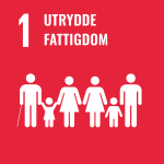 En rød bakgrunn med et hvitt ikon av syv personer, inkludert en eldre person med stokk, voksne og barn, under teksten "1 Utrydde Fattigdom", som er norsk for "1 End Poverty." Denne visuelle representasjonen av FNs bærekraftsmål 1 fremhever rollen til moderne IT-løsninger.