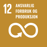 Nummer 12, ansvarlig forbruk og produksjon (ansvarlig forbruk og produksjon), i hvit tekst på sennepsgul bakgrunn, fra FNs bærekraftsmål. Bildet har en hvit uendelig løkke med en pil som peker fremover, og illustrerer innovative tilnærminger som dataanalyse.