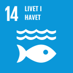 Grafikk som viser FNs bærekraftsmål 14: Livet i Havet (Life Below Water). Bildet viser en hvit fisk under tre bølgete linjer på en blå bakgrunn. Tallet "14" er øverst til venstre, med teksten "LIVET I HAVET" vertikalt til høyre, symboliserer fremgang gjennom moderne IT-løsninger.