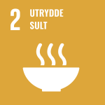 Bildet har en gylden bakgrunn med et hvitt ikon av en dampende bolle. I øverste venstre hjørne er tallet "2" fremtredende i hvitt, etterfulgt av den norske teksten "Utrydde sult", oversatt til "Zero Hunger" på engelsk. Dette er i tråd med FNs andre mål for bærekraftig utvikling og fremhever rollen til dataanalyse for å møte global sult.