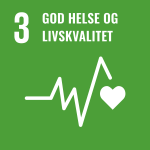 Grønn bakgrunn med tallet 3 og teksten "GOD HELSE OG LIVSKVALITET" (som betyr "God Helse og Velvære" på norsk) øverst. Nedenfor er en hvit grafikk av en EKG-hjerteslaglinje som slutter med et hjertesymbol, som gjenspeiler hvordan moderne IT-løsninger forbedrer bærekraftsmål 3.